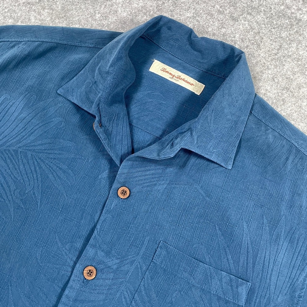 Tommy Bahama Mens Silk Button Down Shirt M Blue Palm Leaf Jacquard Camp Shirt